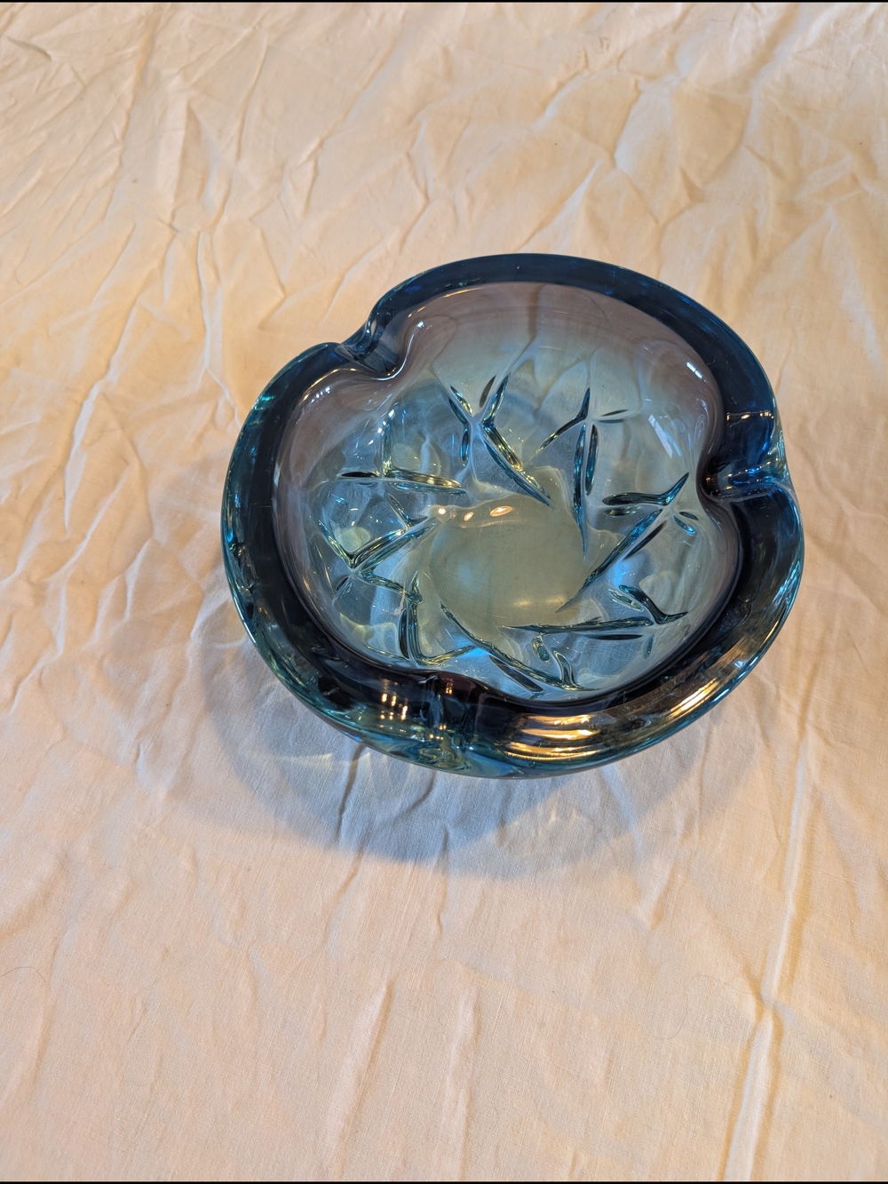 2/130$ Chalet Blue Glass Centerpiece Bowl with Sculpted Interior